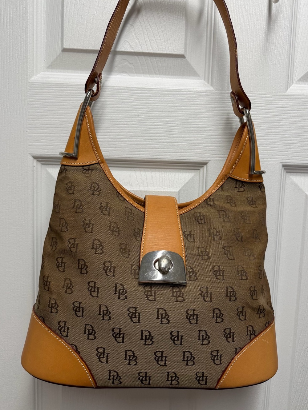 Vintage Dooney & Bourke Brown Canvas Shoulder Bag with Tan Trim (12 x 9)